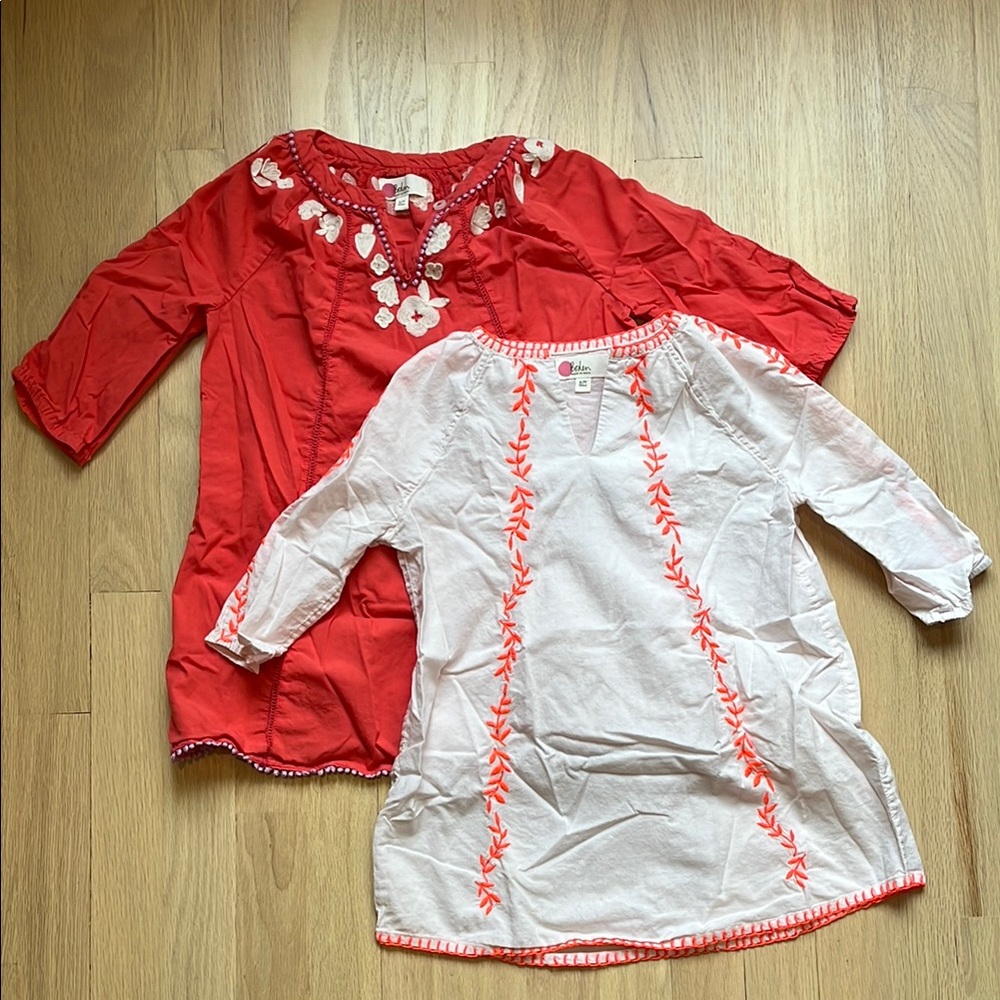 Two Boden Coral, Light Pink  and White Airy 100% Cotton Embroidered Tunics sz6-7